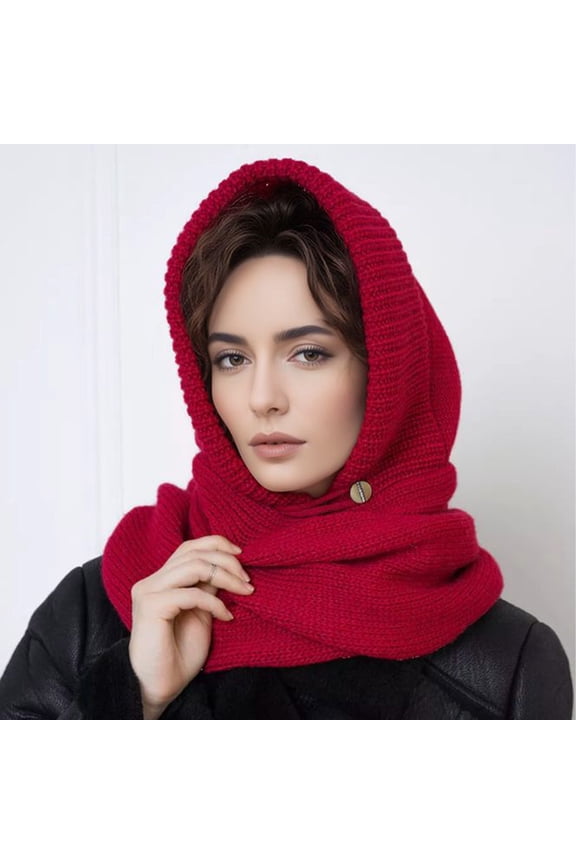 2-in-1 Cross Neck Warmer & Beanie - Solid Color Knitted Scarf Hood for Men and Women, Winter Warm Fashion Accessory,72*57,red