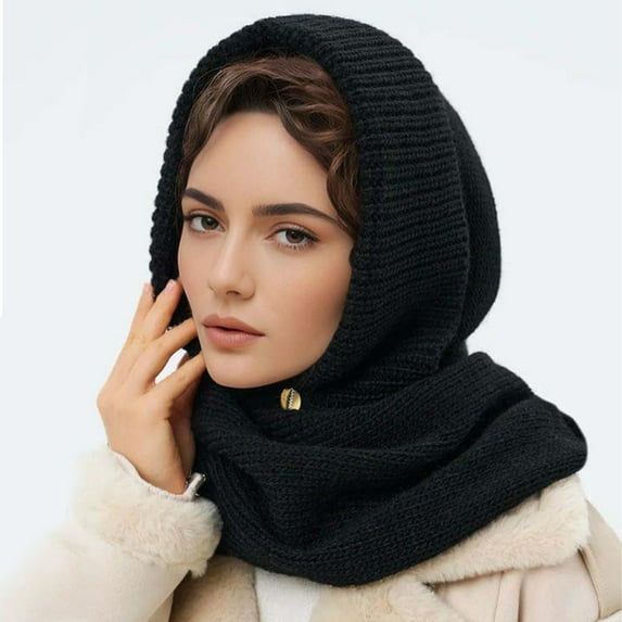 2-in-1 Cross Neck Warmer & Beanie - Solid Color Knitted Scarf Hood for Men and Women, Winter Warm Fashion Accessory,72*57,ink black