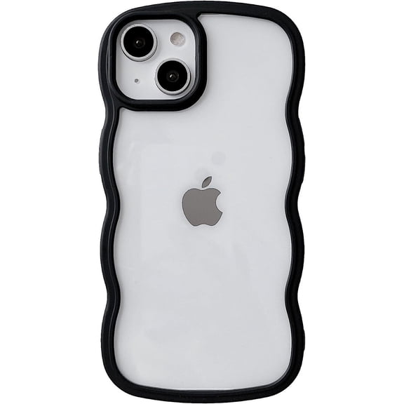 Solid Color Curly Wave Frame Clear Soft Compatible with iPhone Case (Black,iPhone 14 Plus)