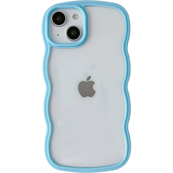 Solid Color Curly Wave Frame Clear Soft Compatible with iPhone Case (Blue,iPhone 14 Plus)