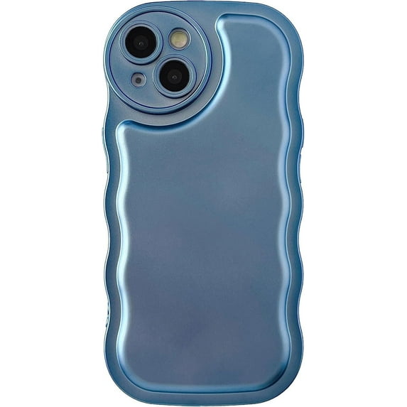 Solid Color Curly Wave Frame Soft Compatible with iPhone Case (Light Blue,iPhone 14 Pro)