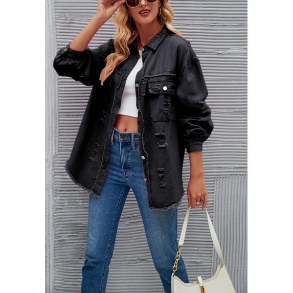 Solid Color Distressed Jacket, Black, X-Large