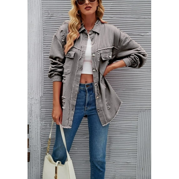 Solid Color Distressed Jacket, Gray, Small