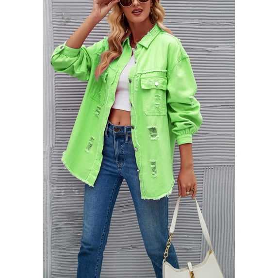 Solid Color Distressed Jacket, Green, Medium