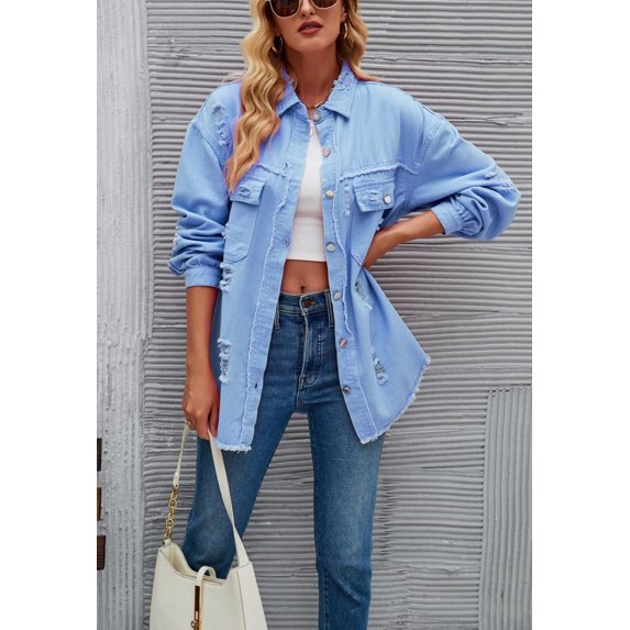 Solid Color Distressed Jacket, Light Blue, Medium