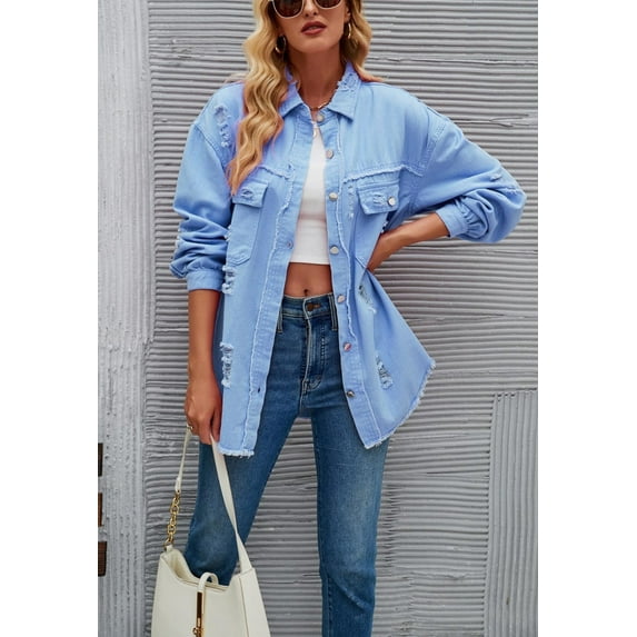 Solid Color Distressed Jacket, Light Blue, Small