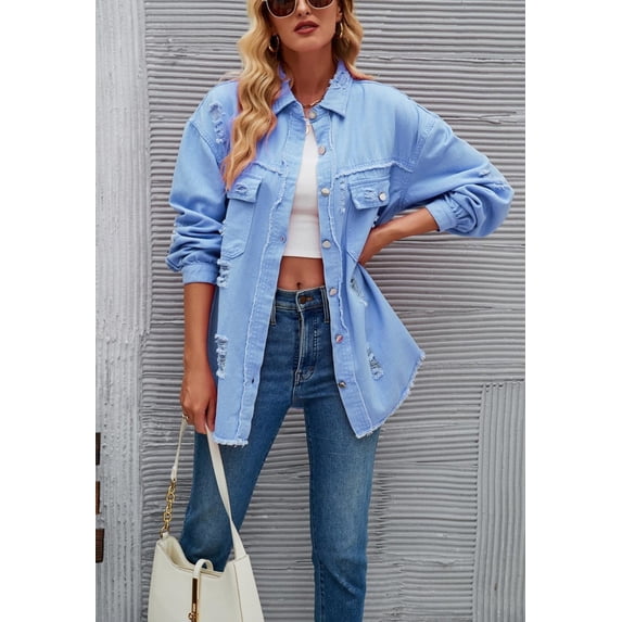 Solid Color Distressed Jacket, Light Blue, X-Large