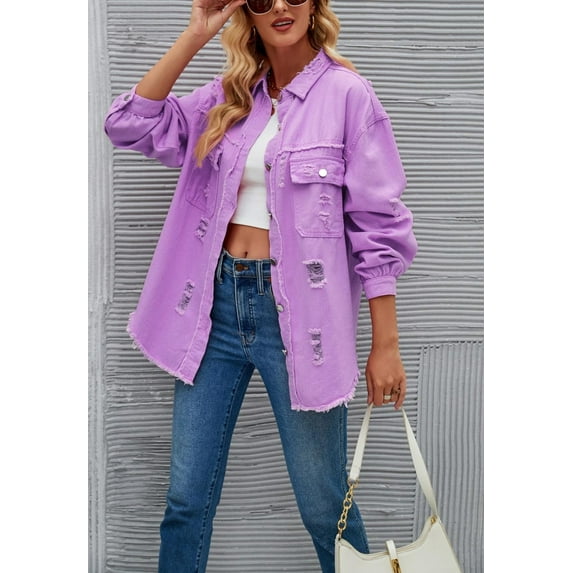 Solid Color Distressed Jacket, Light Purple, X-Large
