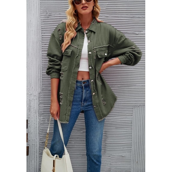 Solid Color Distressed Jacket, Olive Green, Large