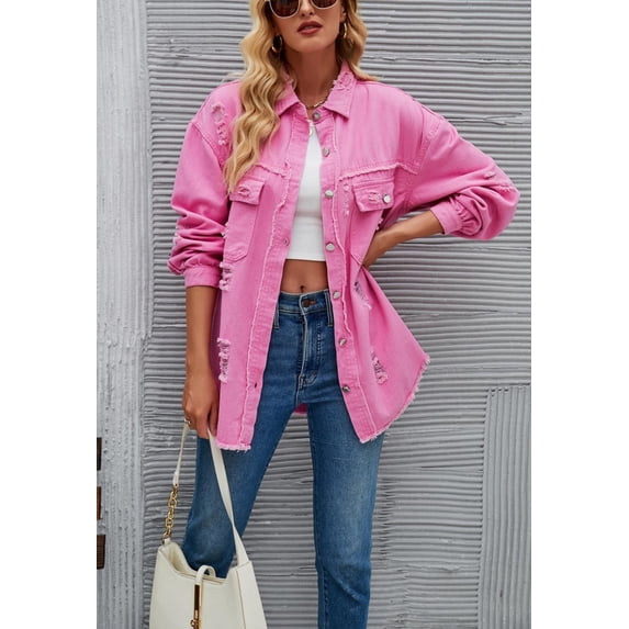 Solid Color Distressed Jacket, Pink, Small