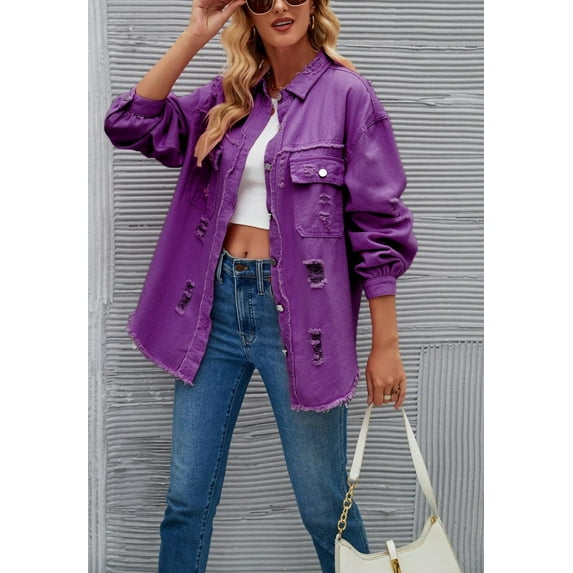 Solid Color Distressed Jacket, Purple, Small