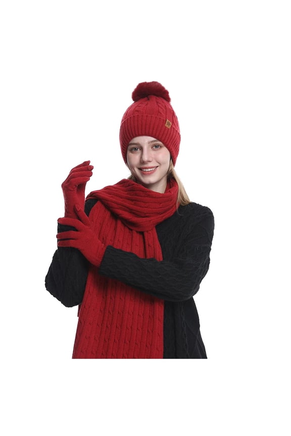 Solid Color Double Layer Wool And Thick Warm Wool Hat Scarf Gloves Three Piece Set