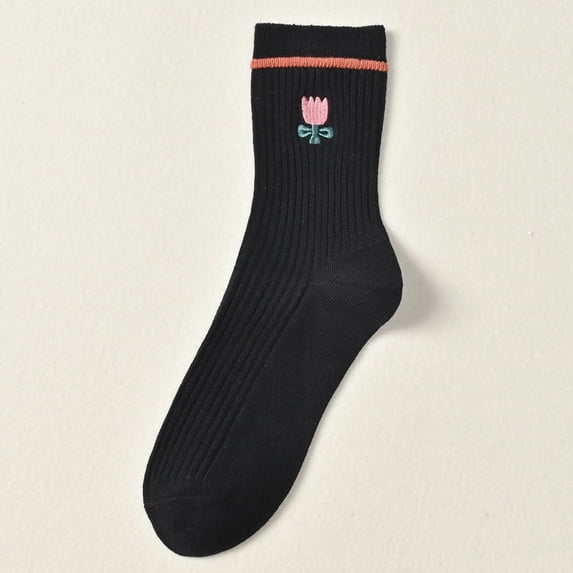 Solid Color Double Needle Embroidery High-grade Cute Cotton Sweat-absorbent Tube Autumn And Winter Tulip Socks Women's 2 Pairs