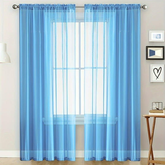 Solid-Color Double-String Sheer Curtains Semi Transparent Voile Rod Pocket Curtains for Bedroom and Living Room, 52 x 84 inches Long (Blue)