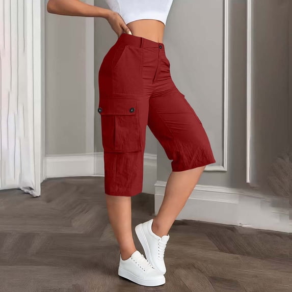 Solid Color Elastic Waist Casual Shorts with Pockets for Women