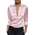 thumbnail image 1 of Solid-Color Elegant Satin Long-Sleeved Tops for Women, V-Neck Lapel Collared Shirts, Fall Fashion Tops, 1 of 9