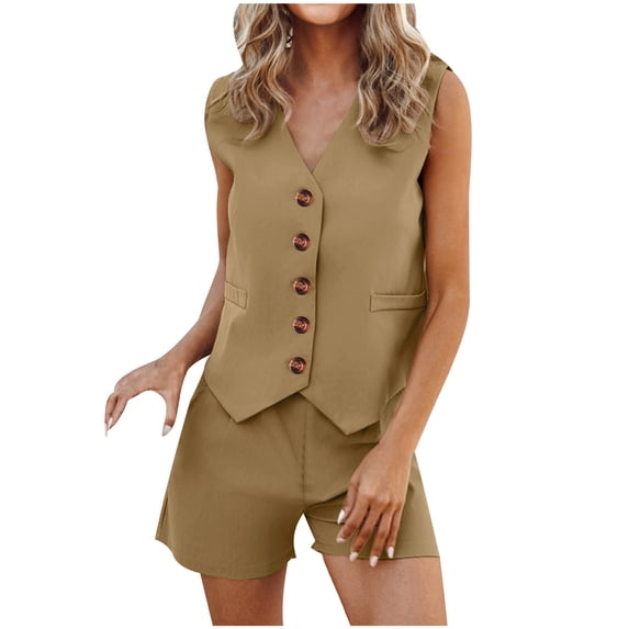 Solid Color Elegant Summer Two-Piece Set Button Front Sleeveless Top Shorts with Pockets Outfits