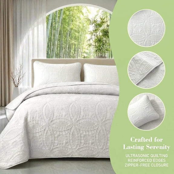 Solid Color Embossed Bedspread Set-2/3PCS, 1 Bedspread + 1/2 Pillowcases, Lightweight Lyocell-Blend, Skin-Friendly Breathable, Wrinkle Resistant, All-Season Use(White,King)