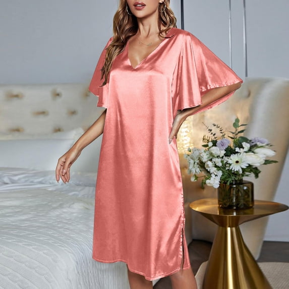 Solid Color Female Ice Silk Nightdress Summer Short Sleeve Women's Gown Silk Robe Short Bathrobe Women's Towel Material Thin Womens Robe Long Robe under 20 Womens Robe 3x-4x Silk plus Size Robes for