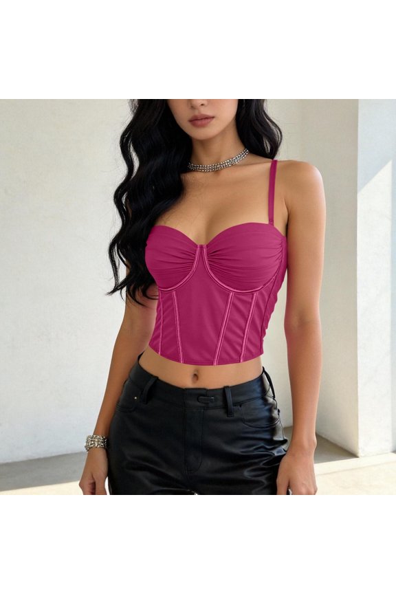 Solid Color Fishbone Boning Corset, Built-In Bra Waist Shaping Bustier Camisole Tank Top Daily Inner Shapewear Hot Pink 80