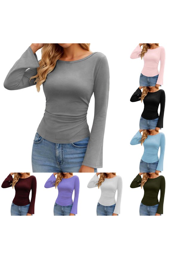 Solid Color Fitted T Shirt with Border Side Pleated Sleeves Long Sleeved Pullover Shirt Tech Apparel
