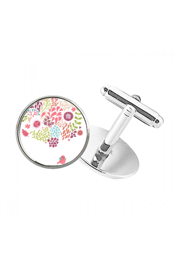 Solid Color Flowers Drawing s Birds Round Button Cuff Clip Stud Cufflinks
