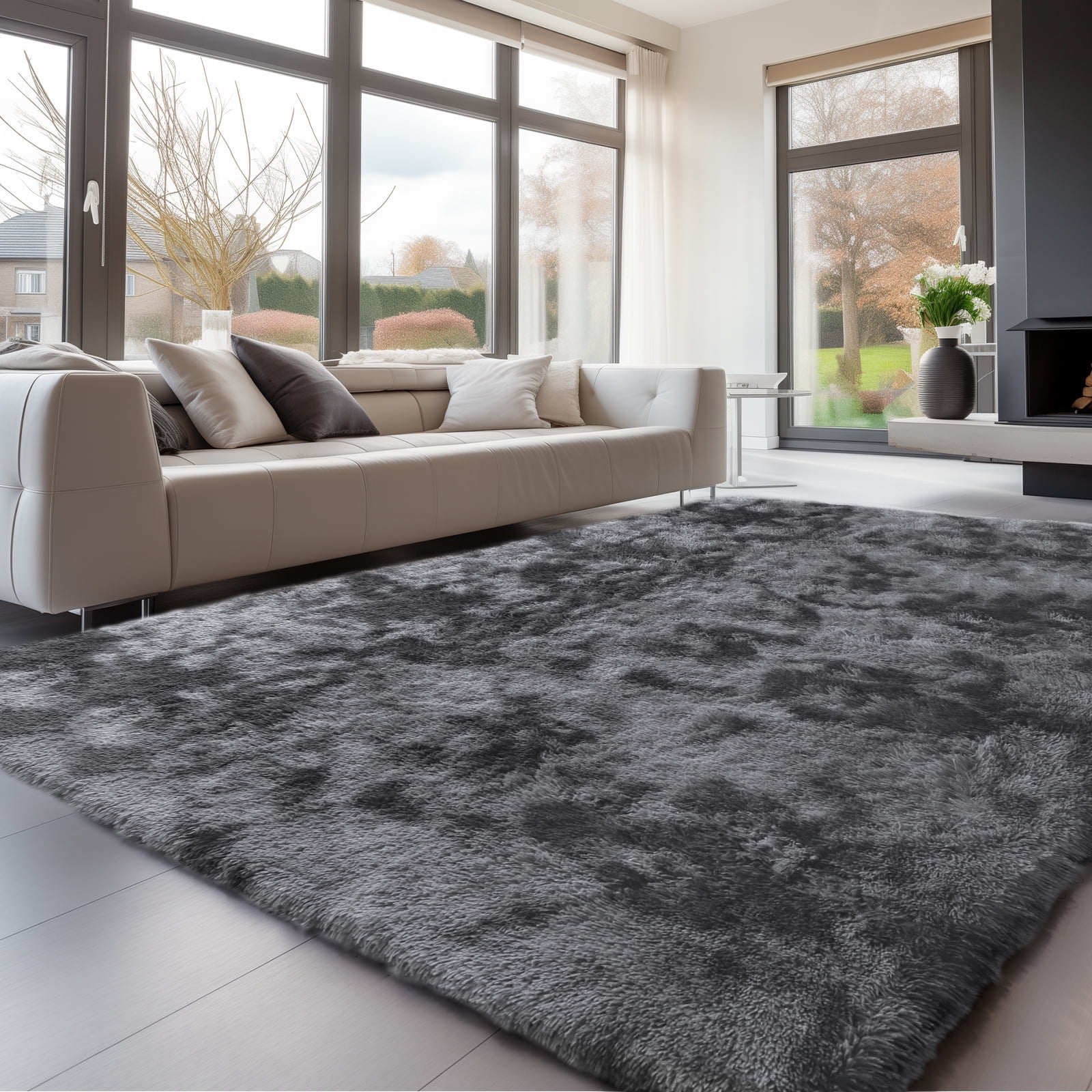 Solid Color Fluffy Rugs, Non-slip Soft Shaggy Floor Carpet Mats & Rugs for Room Decor, Washable Non-slip Area Rug, Modern-style Decorative Carpets for Home Livingroom Bedroom, Tie-dye Dark Gray