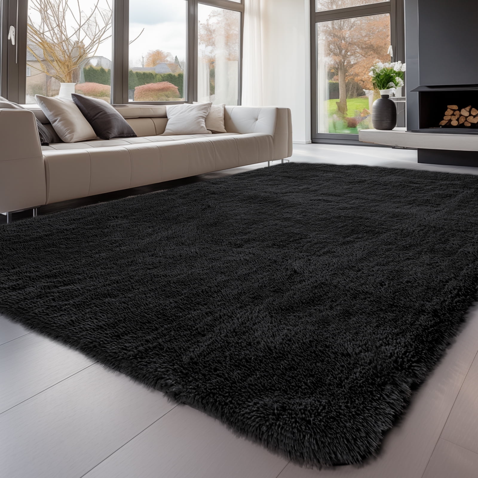 Solid Color Fluffy Rugs, Non-slip Soft Shaggy Floor Carpet Mats & Rugs for Room Decor, Washable Non-slip Modern Area Rug, Modern-style Decorative Carpets for Home Livingroom Bedroom, Black