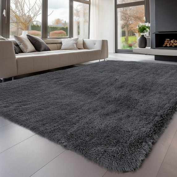 Solid Color Fluffy Rugs, Non-slip Soft Shaggy Floor Carpet Mats & Rugs for Room Decor, Washable Non-slip Modern Area Rug, Modern-style Decorative Carpets for Home Livingroom Bedroom, Dark Gray