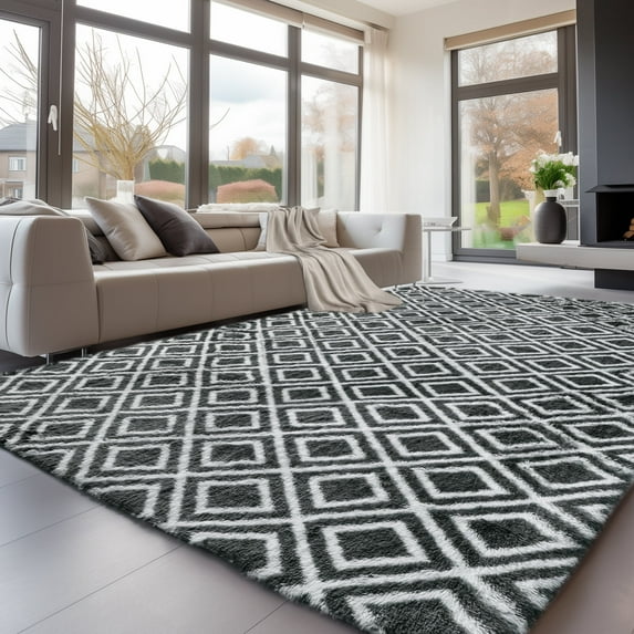 Solid Color Fluffy Rugs, Non-slip Soft Shaggy Floor Carpet Mats & Rugs for Room Decor, Washable Non-slip Modern Area Rug, Modern-style Decorative Carpets for Home Livingroom Bedroom, Gray Checkered