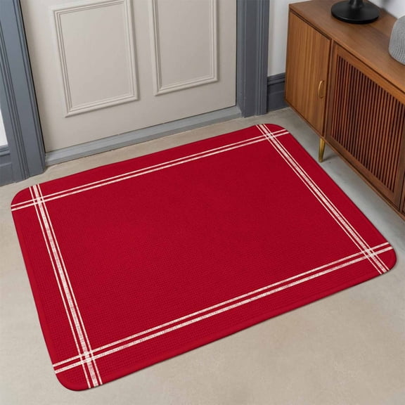 Solid Color Front Door Mat Indoor Entrance, Red Absorbent Dirt Resist Welcome Mats Non-Slip Low-Profile Doormat Washable Entry Rug Indoor Outdoor 32X47 Inch