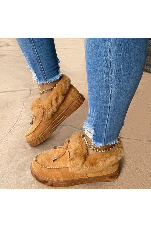 Solid Color Furry Females Feetwear Women Winter Cotton Shoes Plush Warm Snow Boots Ladies Casual Flat Short Boots 2025