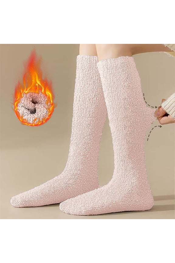 Solid Color Fuzzy Coral Fleece Knee High Socks, Thick Thermal Warm Calf Hosiery, Stretch Loose Cuff Socks for Women Winter Home Loungewear Pink