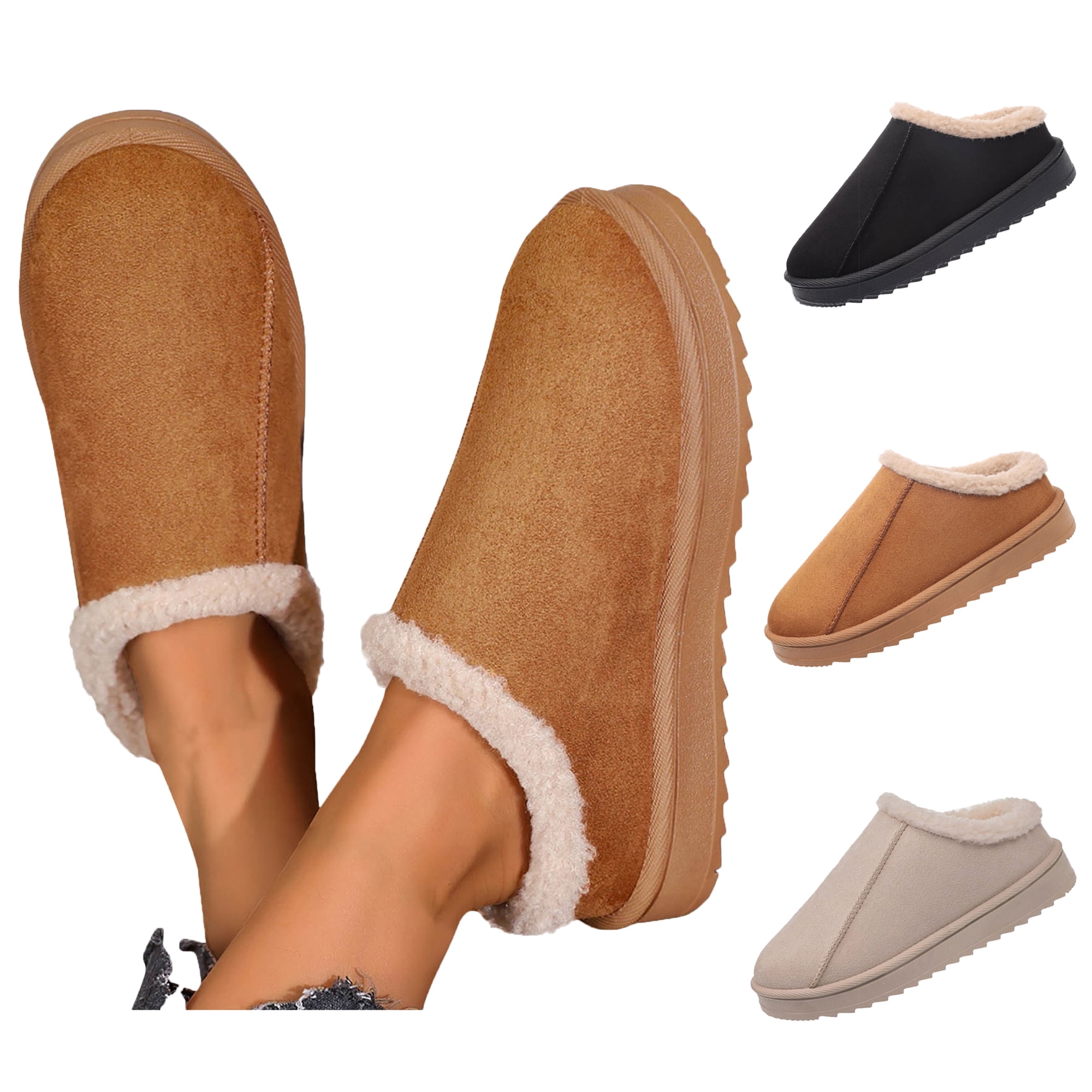 Solid Color Fuzzy Slippers Women Cozy Platform Warm Winter Slip On House Shoes Fluffy Soft Memory Foam Anti Skid Rubber Sole Bedroom Indoor Outdoor