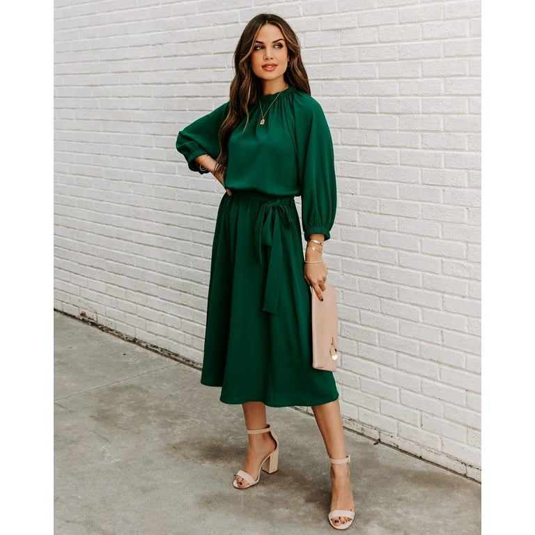 Solid Color Gathered Neck Tie Waist Dress for Women Knee Length