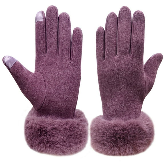 Solid Color Gloves with Plush Cuffs, Classic Polyester Fashion Gloves for Women, Soft Fur Trimmed Wrist Warmers, Lightweight Party and Evening Wear Accessories Purple