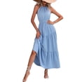 thumbnail image 1 of Solid Color Halter Neck Shirred Waist Below Knee Length Dress, 1 of 5
