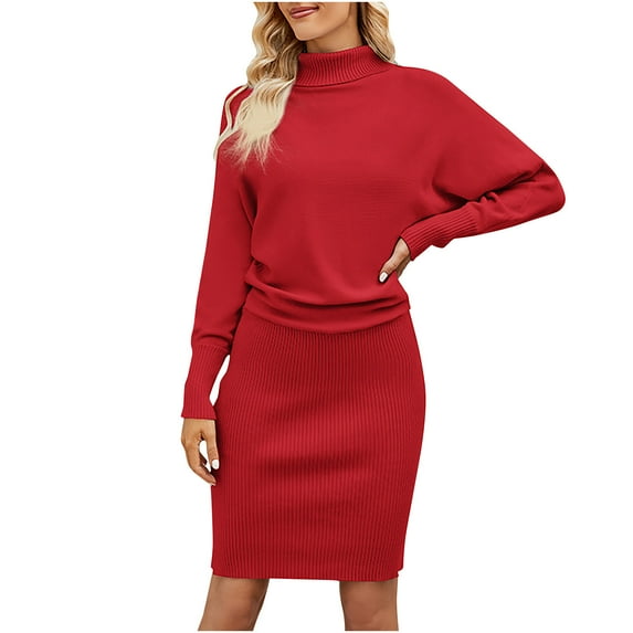 Solid Color High Neck Pencil Dress for Women Long Sleeve Slim-Fit Knit Dresses 2024 Fashion Casual Knee Length Dress
