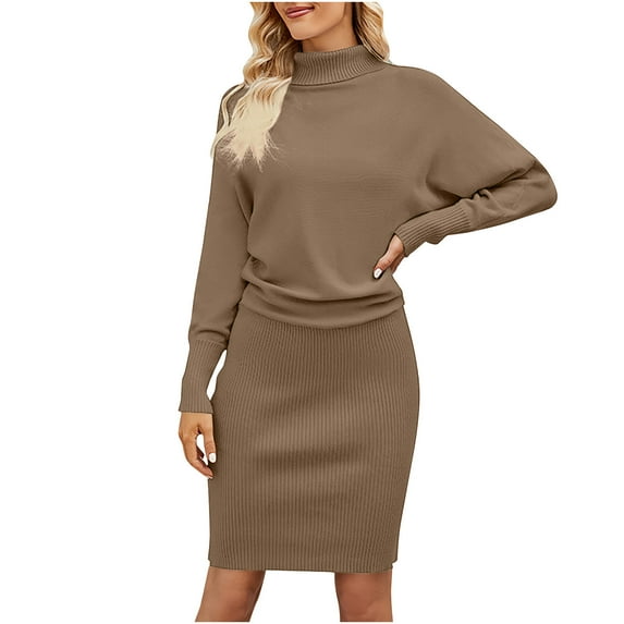 Solid Color High Neck Pencil Dress for Women Long Sleeve Slim-Fit Knit Dresses 2024 Fashion Casual Knee Length Dress