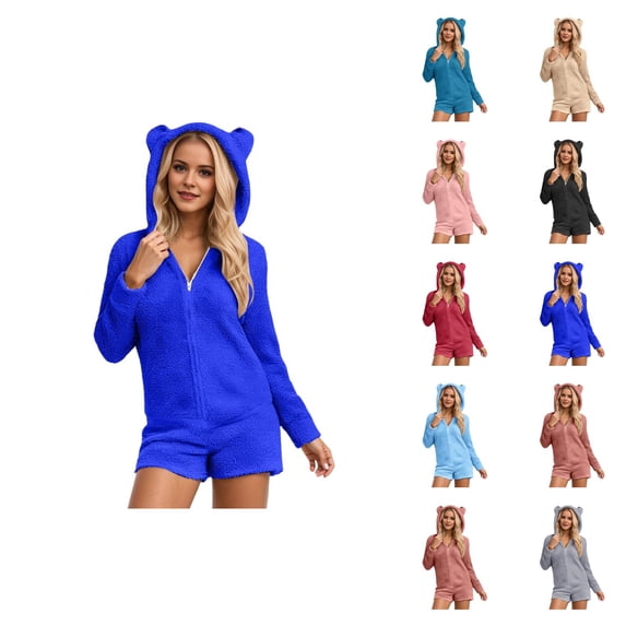 Solid Color Hooded Jumpsuit Casual Long Sleeve Romper Shorts With Pockets For Sleepwear Comfortable Outfit