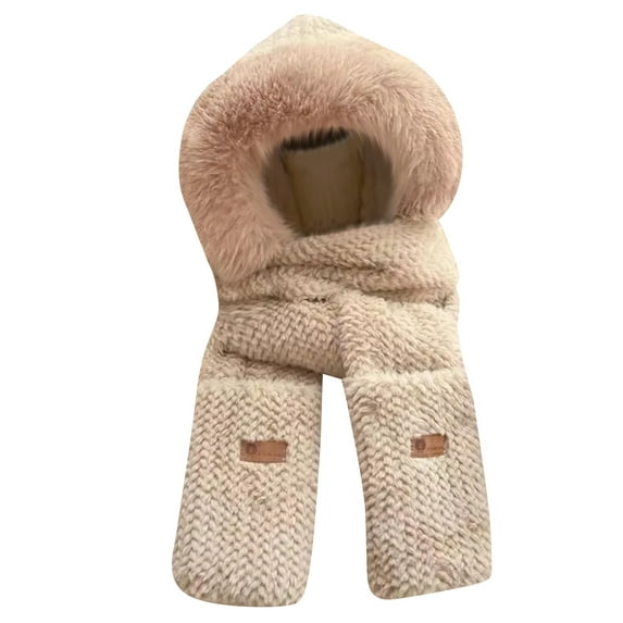 Solid Color Hooded Scarf Hat with Mitten Pockets 3 in 1 Knit Winter Accessory Khaki One Size