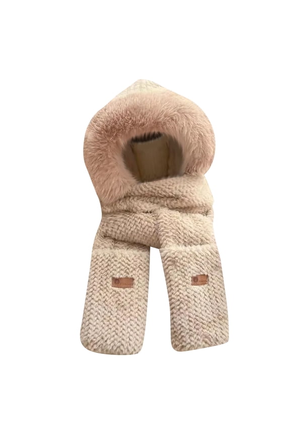 Solid Color Hooded Scarf Hat with Mitten Pockets 3 in 1 Knit Winter Accessory Khaki One Size