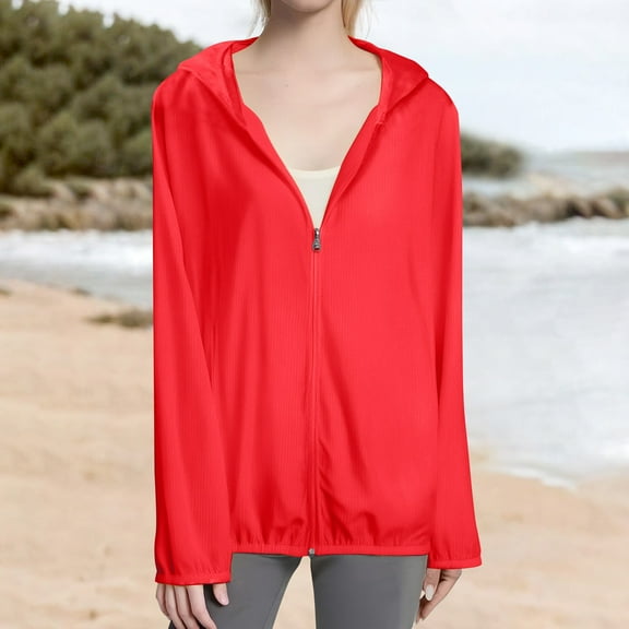 Solid Color Hooded Sun Clothing Jacket, Lightweight Close Fitting Sports Outdoor Long Sleeve Zipper Jacket, Nylon Spandex Blend, Comfortable For Outdoor Activities, Red L, Size S-XXXXXXXL