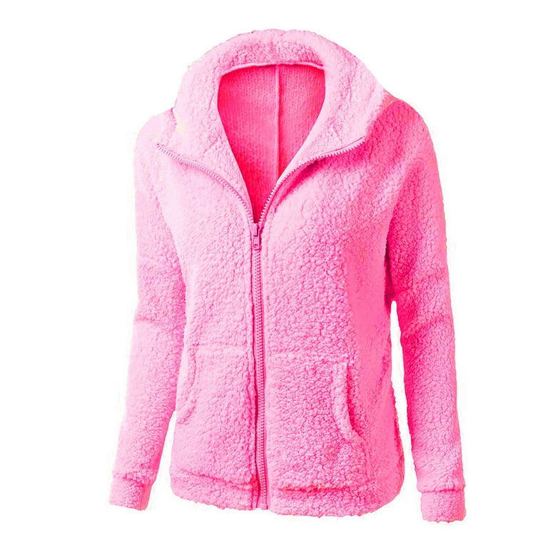 Solid Color Hoodie for Women Zip Up Fleece Jacket Winter Thermal Sweater Outwear with Pockets Long Sleeve Coat L Hot Pink Walmart