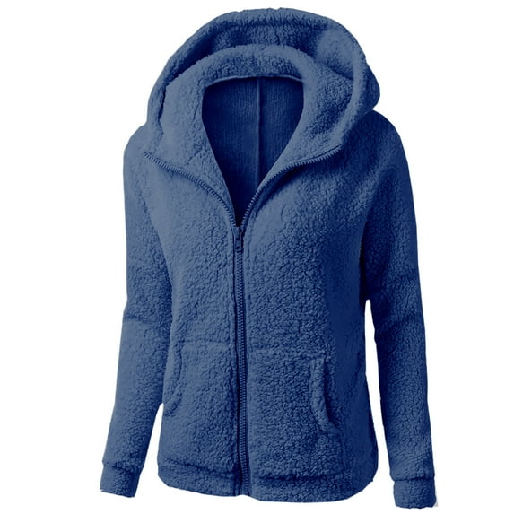Solid Color Hoodie for Women Zip Up Fleece Jacket Winter Thermal Sweater Outwear with Pockets Long Sleeve Coat (M, Navy)