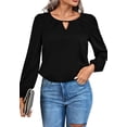 thumbnail image 1 of Solid Color Keyhole Front Pleated Round Neck Blouse for Women Black Large, 1 of 4
