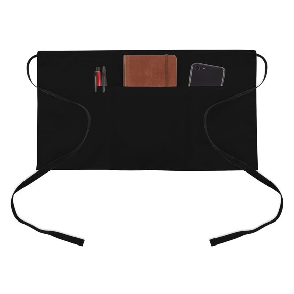 Solid Color Kitchen Restaurant Half Waist Apron, Black Server Short Apron with 3 Pockets Waterproof Oil Waist Aprons for Women Waitress Waiter