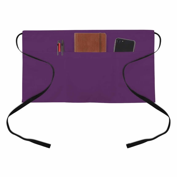 Solid Color Kitchen Restaurant Half Waist Apron, Purple Server Short Apron with 3 Pockets Waterproof Oil Waist Aprons for Women Waitress Waiter