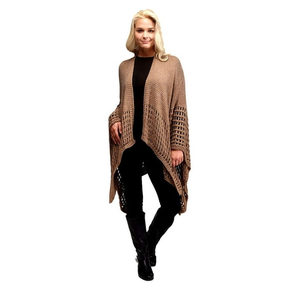Solid Color Knit Crochet Sweater Poncho Shrug for Women Taupe