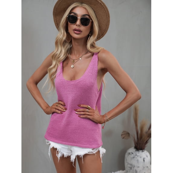 Solid Color Knit Scoop Neck Summer Regular Tank Top for Women